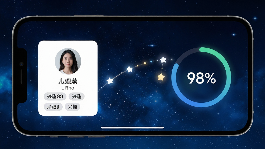 主体:手机屏幕特写,展示晨光星河App的智能匹配功能界面,两个用户卡片之间有光点连接形成星轨。布局:手机横屏展示,左侧为推荐用户卡片,右侧为匹配度百分比圆环。排版:卡片式布局,信息层级分明。风格:科技感与浪漫结合,背景为深蓝色星空。细节:卡片上显示头像、昵称和兴趣标签,匹配度数字为“98%”,画质干净无多余元素。