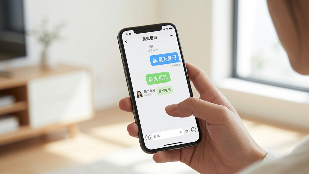 主体:一个人手持手机在光线明亮的环境下操作晨光星河App,屏幕显示聊天界面。布局:手部特写,手机占据画面中心,背景为简洁的室内环境。排版:突出手机屏幕内容,界面清晰。风格:写实生活风,自然光效。细节:屏幕上有“晨光星河”聊天气泡,画面干净,无多余元素。