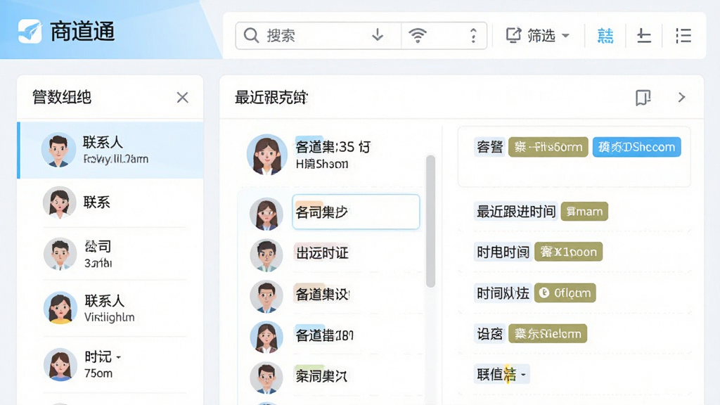 图片主体为“商道通”软件客户管理模块的界面截图风格预览,布局采用卡片式信息排列,顶部为搜索与筛选工具栏。排版上突出左侧分组列表与右侧详情面板的交互逻辑,风格简洁明快,色彩以浅蓝与白色为主。细节上展示联系人头像、公司名称、最近跟进时间等字段,并配有醒目的标签按钮,画质清晰干净,无多余装饰元素,体现数据管理的条理性和便捷性。