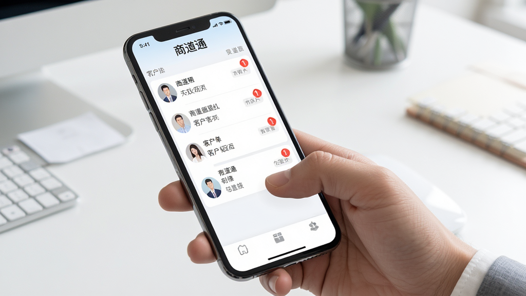 图片主体为“商道通”软件在手机端运行的操作界面,背景为简洁的办公桌面。布局展示手机屏幕上的客户列表和底部功能导航栏,排版强调单手操作的便捷性。风格为浅色系,细节突出消息提醒的红色角标和清晰的字体,画质高清,整体氛围传递出移动办公的即时与高效,画面干净无多余元素。