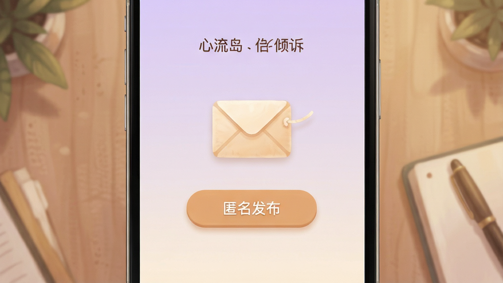 一张心流岛匿名倾诉功能的界面预览图,界面设计温馨,中央有一个信封图标和“匿名发布”按钮,背景为淡紫色渐变,风格温暖治愈,画质细腻干净