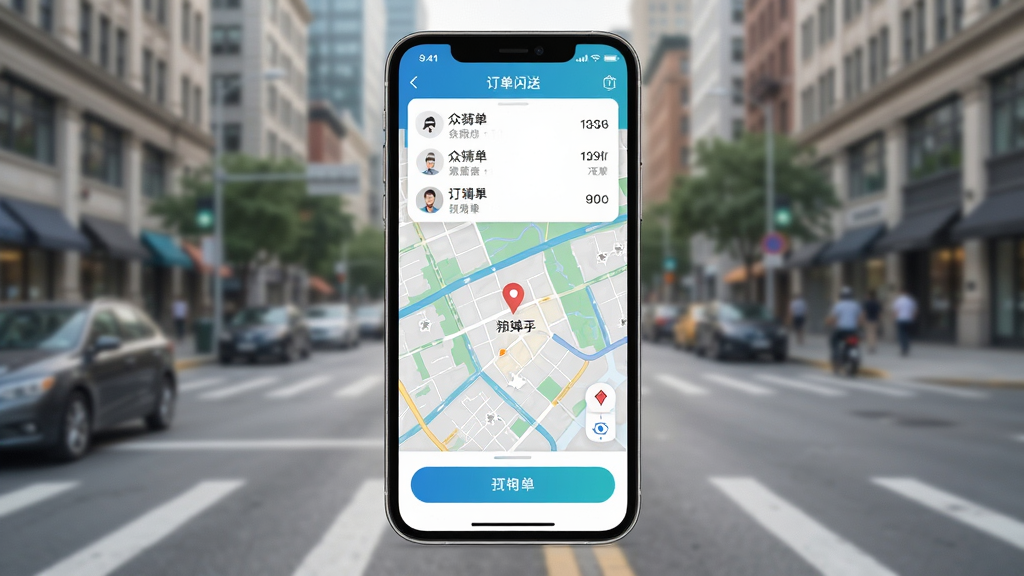 众包骑手同城闪送软件主界面预览图,手机屏幕显示地图接单页面,顶部有订单列表,底部有抢单按钮,背景为城市街道,风格写实明亮,画质高清干净,无多余元素