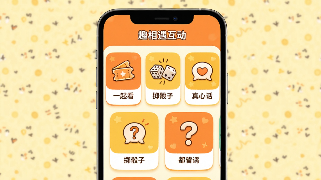 主体:手机界面展示趣相遇App的互动游戏页面,页面上有“一起看”“掷骰子”“真心话”等卡片图标。布局:手机居中,屏幕内容占据主要画面,背景为淡黄色。排版:卡片式布局,每个游戏图标下方有文字说明。风格:活泼可爱,圆角卡片,色彩鲜艳,以橙色和黄色为主。细节:屏幕上方显示“趣相遇互动”,每个卡片内有小图标,如电影票、骰子、问号等,整体氛围轻松愉快。画质:高清,干净,无多余元素。
