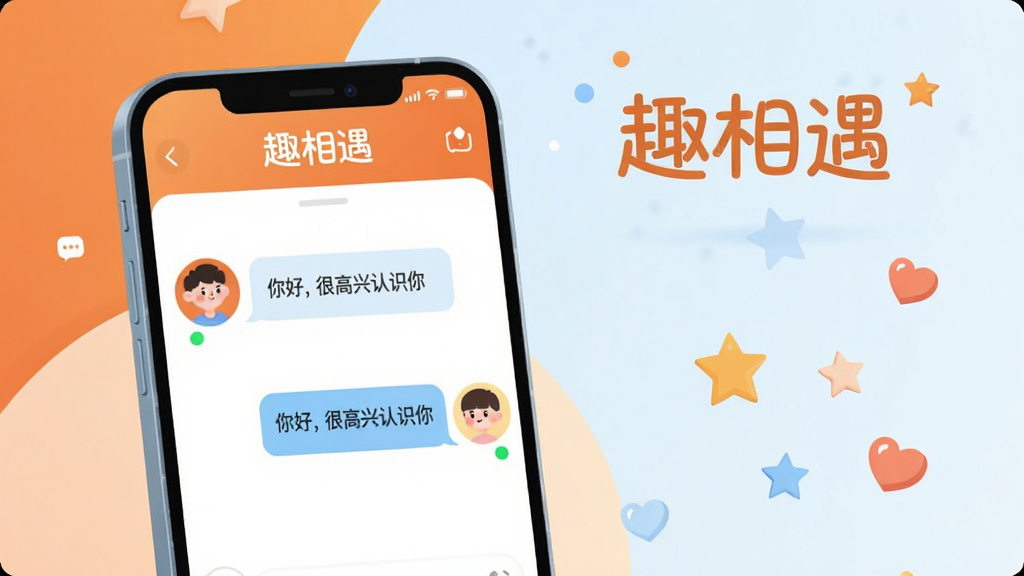 主体:一部亮着屏幕的智能手机,屏幕上显示趣相遇App的聊天界面,界面中有两个卡通人物头像在对话,气泡里写着“你好,很高兴认识你”。布局:手机位于画面中央偏左,右侧留白处有散落的星星和爱心图标。排版:手机屏幕内容清晰可辨,周围元素错落有致。风格:现代扁平化插画风格,色彩明快温暖,以橙色和淡蓝色为主色调。细节:手机屏幕上有趣相遇的logo,界面元素包括圆形头像、绿色在线状态点、消息气泡等,背景中悬浮着“趣相遇”三个字。画质:高清,干净,无多余元素。