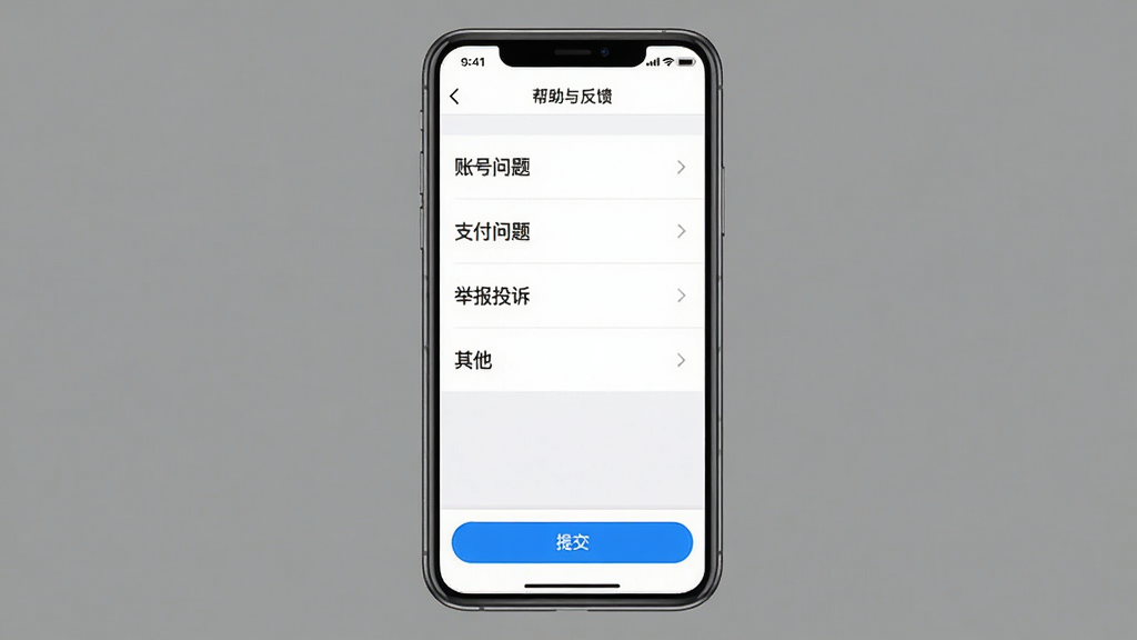 主体:一张手机截图,显示趣相遇App的“帮助与反馈”页面,页面中包含问题分类列表和提交按钮。布局:手机居中,屏幕内容清晰可见,背景为灰色。排版:列表式布局,从上到下依次为“账号问题”、“支付问题”、“举报投诉”、“其他”。风格:简洁实用,以白色为主,辅以蓝色按钮。细节:屏幕顶部有“帮助与反馈”标题,底部有“提交”按钮,整体风格与App保持一致。画质:高清,干净,无多余元素。