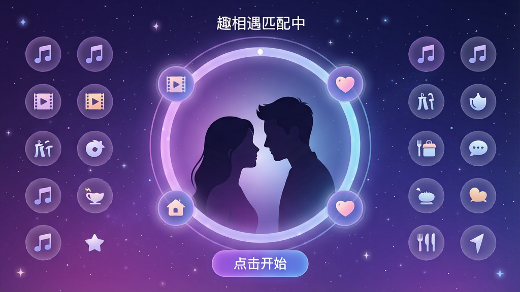 主体:一个发光的圆形匹配界面,界面中央有两个半身人物剪影正在靠近,周围环绕着兴趣标签图标(如音乐、电影、旅行、美食)。布局:匹配界面居中,左右两侧对称分布着标签图标,背景为渐变星空。排版:圆形匹配环醒目,标签图标排列有序。风格:科技感与浪漫感结合,以紫色和蓝色渐变为主,光效柔和。细节:界面顶部显示“趣相遇匹配中”,底部有“点击开始”按钮,人物剪影栩栩如生,标签图标清晰可辨。画质:高清,干净,无多余元素。