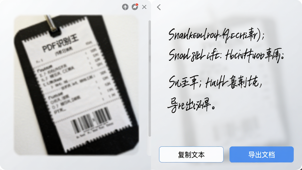 PDF识别王应用内部功能页面,左侧为一张模糊倾斜的票据照片,右侧为经过软件处理后输出的清晰可编辑的文本结果,文字以数字墨水风格呈现,界面下方有“复制文本”和“导出文档”两个功能按钮,背景为浅灰色渐变,整体布局干净整洁,画质高清,无多余元素