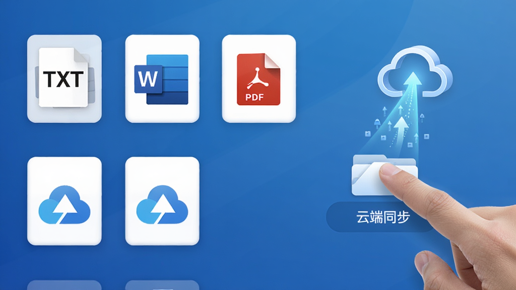 PDF识别王导出界面,屏幕上显示多种导出格式图标,包括TXT、Word、PDF和云盘图标,手指正点击“云端同步”按钮,数据以光束形式上传至云端图标,背景为简洁的商务蓝色渐变,风格简约现代,画质高清,干净无多余元素