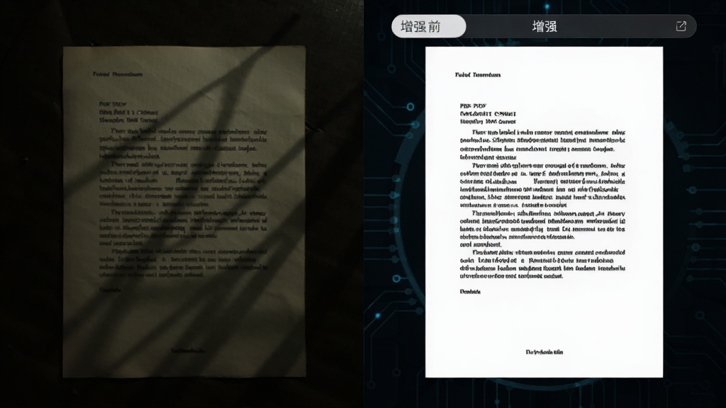 对比效果图,左边是光线昏暗、纸张泛黄且带有阴影的文档照片,右边是经过PDF识别王增强后的同一文档,纸张洁白、文字漆黑清晰,界面展示“增强”前后的滑动对比条,背景为深色科技纹理,画质细腻,干净无多余元素