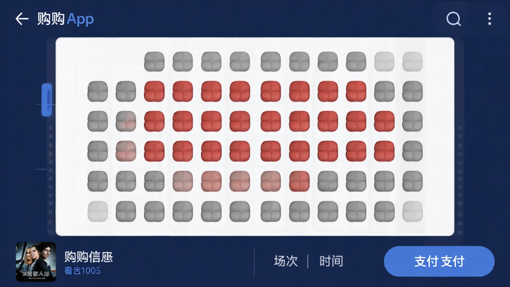 看购APP选座界面,展示影院座位图,红色代表已选座位,灰色代表可选座位,底部显示影片信息、场次时间和支付按钮,界面清晰直观,配色以深蓝色为主,画质干净,无多余元素