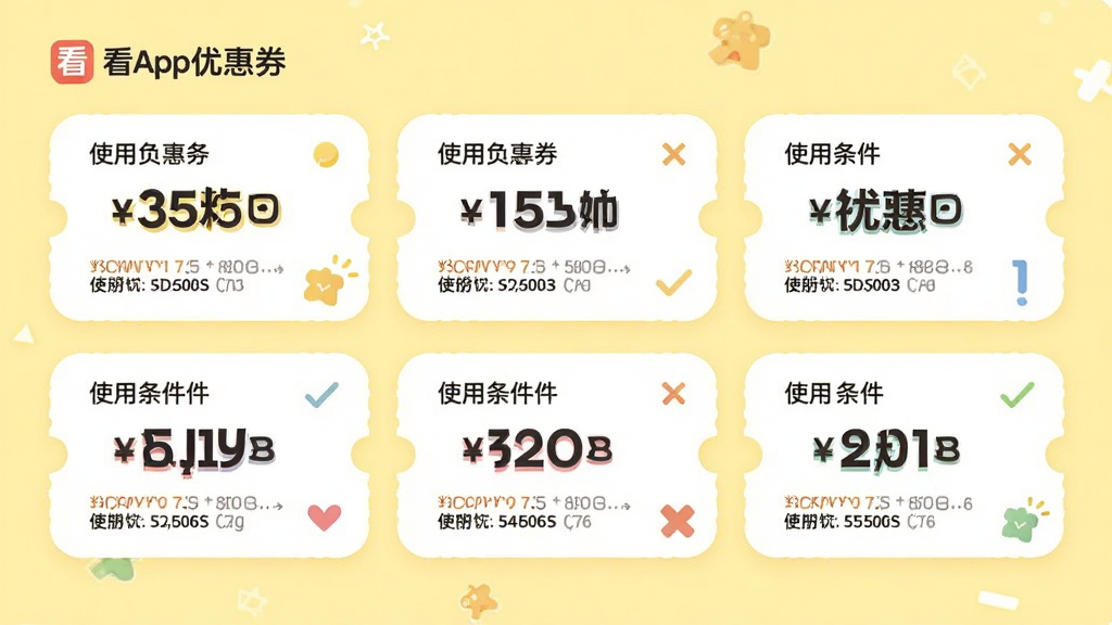 看购APP优惠券页面,展示多种面额的优惠券卡片,每张卡片上标注优惠金额和使用条件,背景为淡黄色,卡片采用圆角设计,整体风格活泼明亮,画质清晰,干净无多余元素