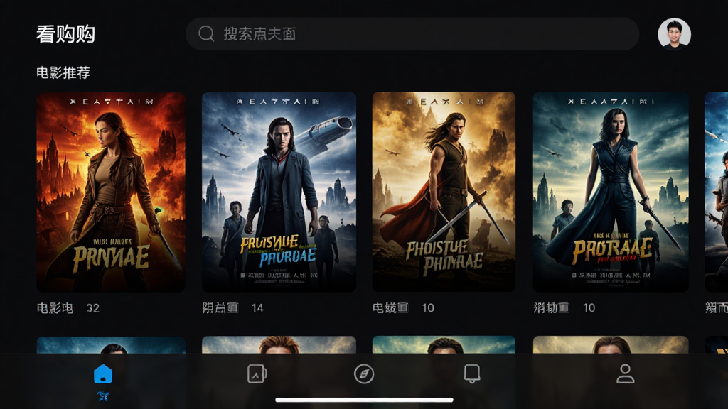 看购APP主界面预览图,展示首页电影推荐列表、底部导航栏、搜索框和用户头像,整体布局简洁明快,采用深色背景搭配亮色点缀,突出电影海报的视觉冲击力,画质清晰,干净无多余元素