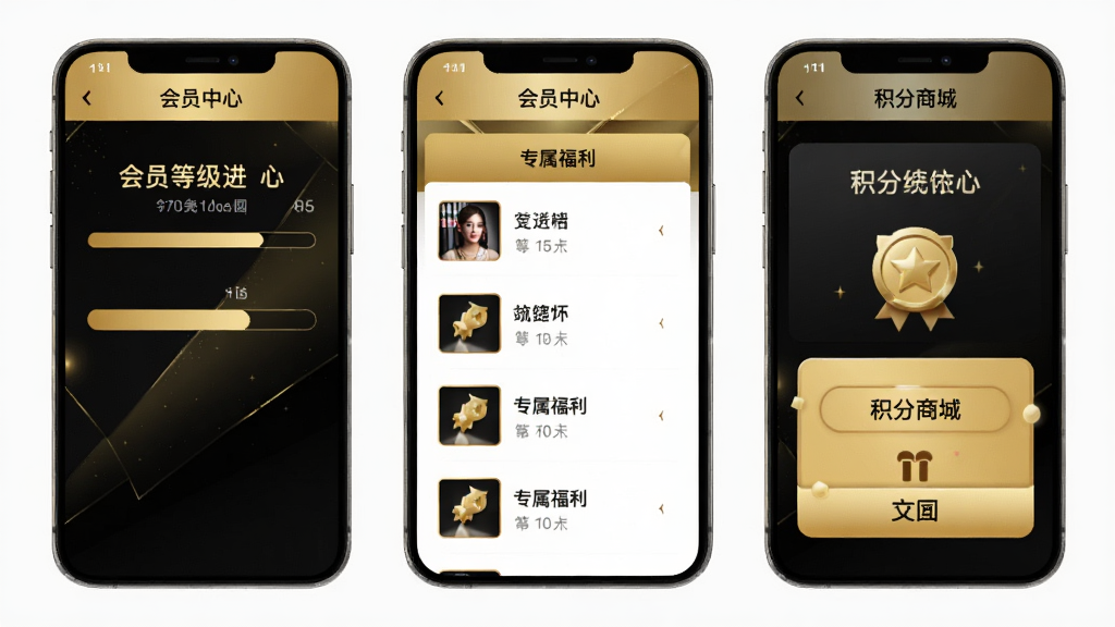 看购APP会员中心页面,展示会员等级进度条、专属福利列表和积分商城入口,页面以金色和黑色为主色调,凸显尊贵感,布局合理,画质高清,干净无多余元素