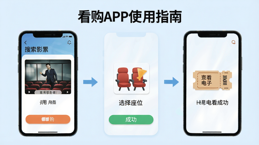 看购APP使用指南插图,展示手机屏幕上的应用操作步骤,包括搜索影片、选择座位、支付成功、查看电子票等流程,背景为浅蓝色,图标清晰,画质干净,无多余元素