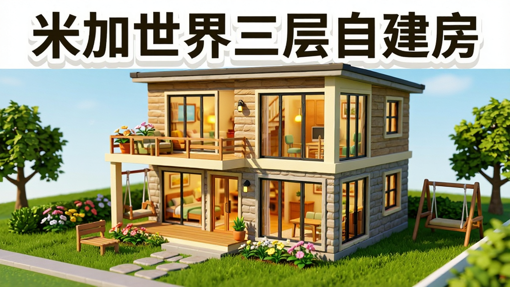主体:一座精美的三层自建房模型,外观融合现代与田园风格,有花园、露台和落地窗,室内可见精致家具。布局:建筑位于画面中央,视角略微倾斜,展示正面与侧面结构,周围有草坪、树木和石板小路。排版:房屋占据画面主体三分之二,上方留白区域用艺术字显示“米加世界三层自建房”。风格:3D渲染,明亮温馨,色彩鲜艳,类似游戏实机截图。细节:墙面纹理清晰,门窗有光泽,花园里有花朵和秋千,室内灯光暖黄。画质:高清8K,干净,无多余元素。