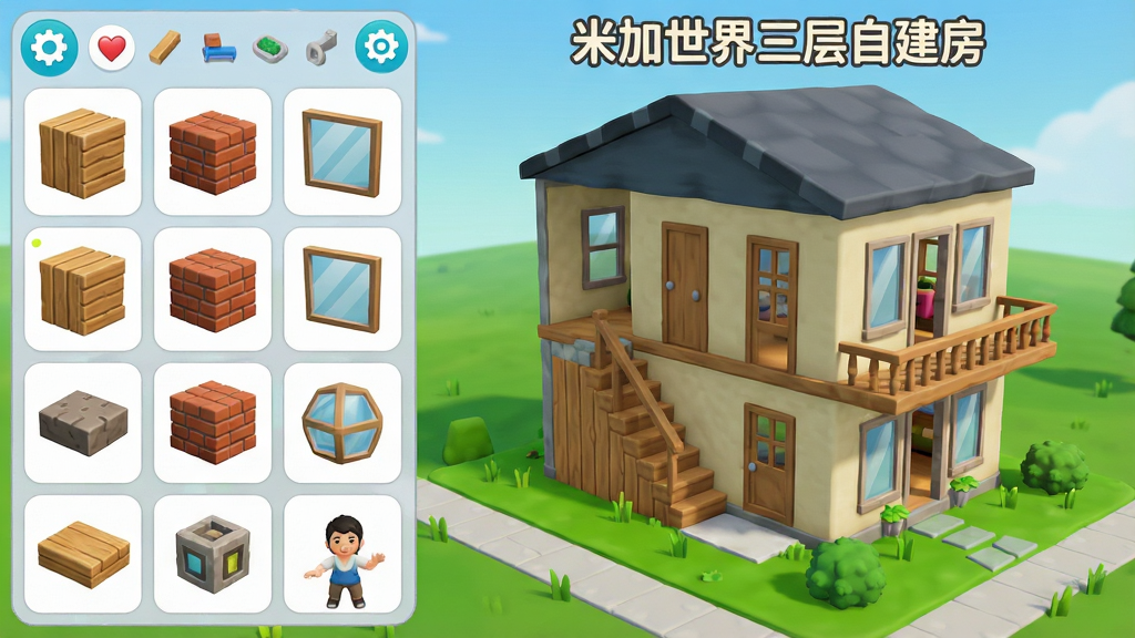 主体:游戏界面中玩家正在建造三层自建房,左侧显示建材选择栏,右侧是半成品房屋。布局:界面左右分栏,房屋居中,视角可旋转。排版:建材图标排列整齐,房屋上方显示“米加世界三层自建房”字样。风格:卡通3D,界面简洁明亮。细节:建材有木板、砖块、玻璃窗,房屋有楼梯和阳台,地面有绿色草坪。画质:高清,干净,无多余元素。