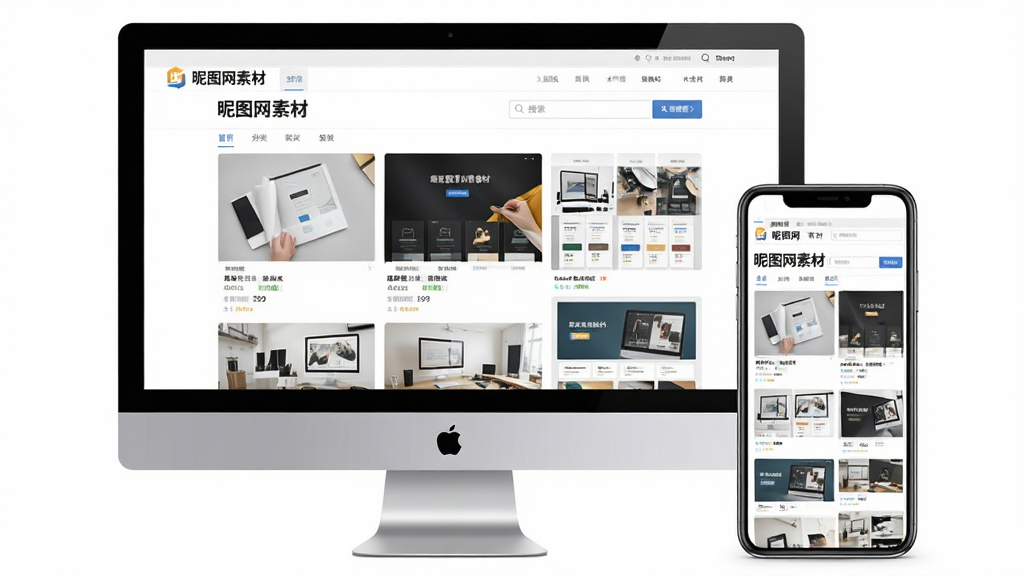 高清设计素材展示台,主体为电脑显示器与手机屏幕,屏幕上展示“昵图网素材”官网首页,布局为瀑布流素材缩略图,风格现代简洁,细节包含分类导航栏和搜索框,画质清晰明亮,干净无多余元素