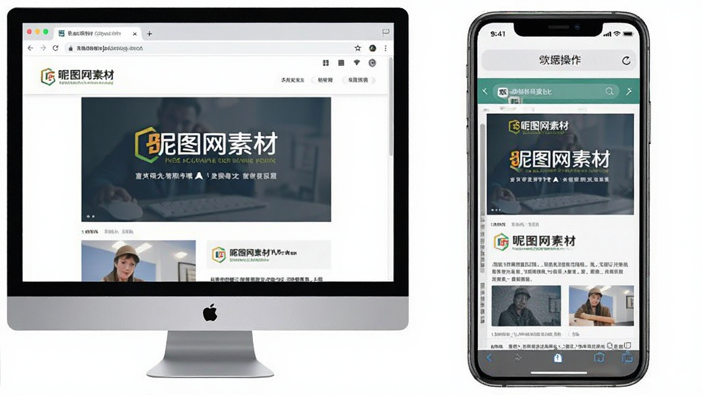 网页端与移动端操作对比图,主体为左右分屏画面,左侧是电脑浏览器界面,右侧是手机浏览器界面,布局对称,风格写实,细节包含“昵图网素材”的标志,画质清晰,干净无多余元素