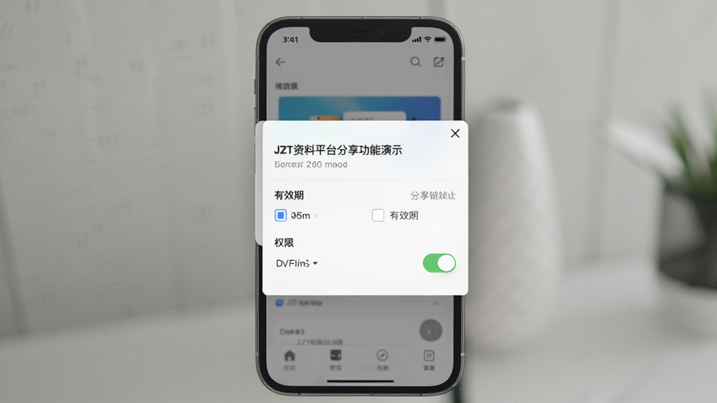JZT资料平台分享功能演示,主体为手机界面弹出分享链接设置窗口,布局居中,排版简洁,风格实用,细节包含有效期选项和权限开关,画质干净,无多余元素