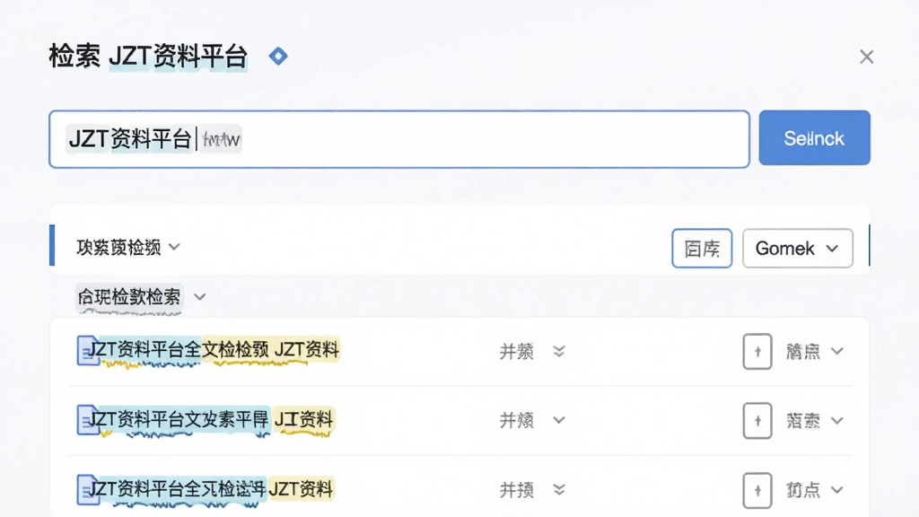 JZT资料平台全文检索界面,主体为搜索框输入关键词,下方展示匹配文件列表,布局简洁,排版清晰,风格现代,细节包含高亮文字和筛选按钮,画质高清,无多余元素