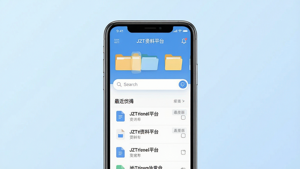 一张现代简洁的软件宣传图,主体为智能手机屏幕显示JZT资料平台主界面,界面内展示分类文件夹、搜索栏和最近文件列表,背景为浅蓝色渐变,布局居中,排版清爽,风格扁平化设计,细节包含文件图标和标签,画质高清,干净无多余元素