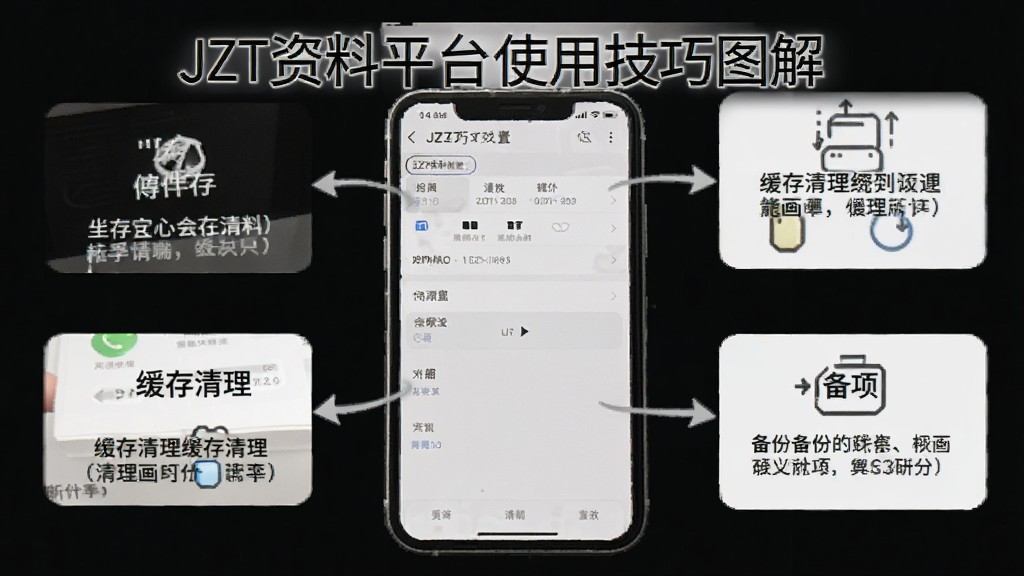 JZT资料平台使用技巧图解,主体为手机屏幕显示设置菜单,布局简洁,排版直观,风格教学化,细节包括缓存清理和备份选项,画质清晰,无多余元素
