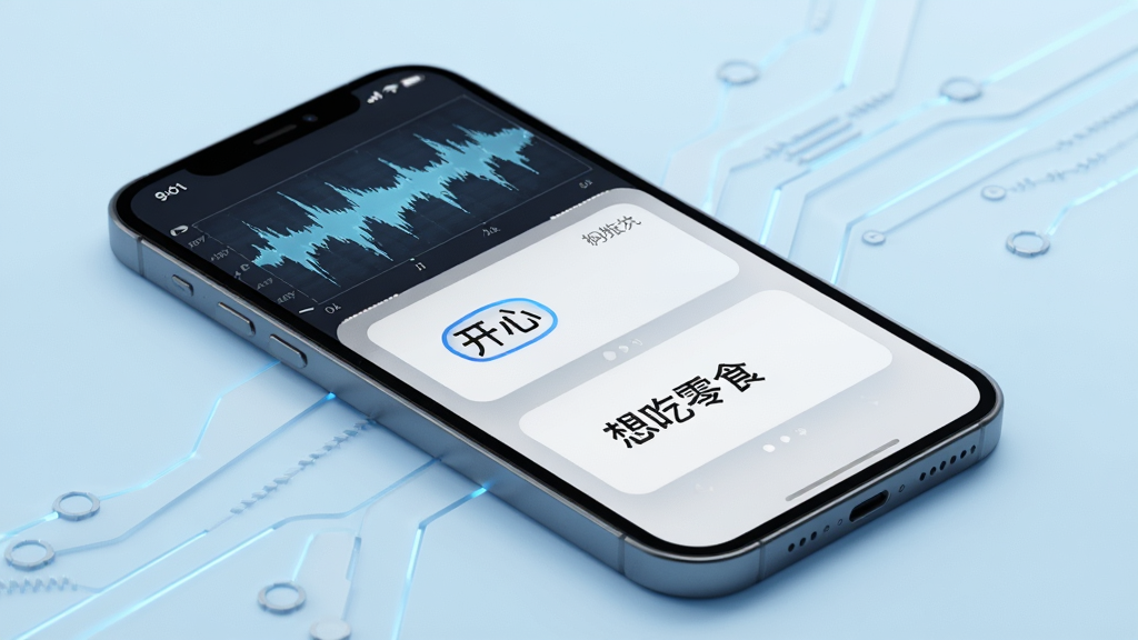 狗语翻译器声音识别功能预览,手机屏幕显示波形图和识别结果卡片,上面写着“开心”和“想吃零食”,背景为浅蓝色,简洁科技感风格,高清画质,干净无多余元素