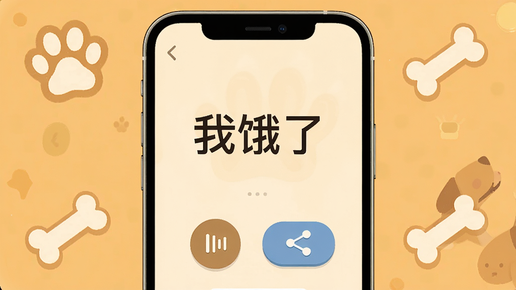 狗语翻译器实时翻译界面,手机屏幕中央显示“我饿了”的文字翻译结果,下方有语音播放按钮和分享按钮,背景为暖色调,配有狗爪和骨头图标,画质清晰,干净无多余元素