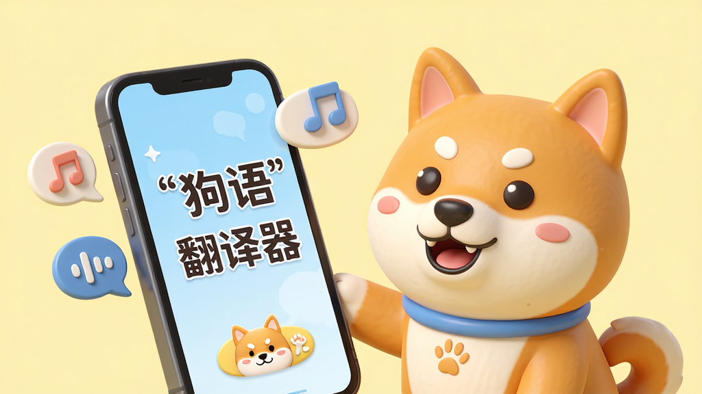 狗语翻译器主界面展示,卡通风格,一只可爱的柴犬对着手机屏幕,屏幕上显示“狗语翻译器”字样,界面干净明亮,背景为淡黄色,配有对话气泡和音符图标,高清渲染,画质干净,无多余元素