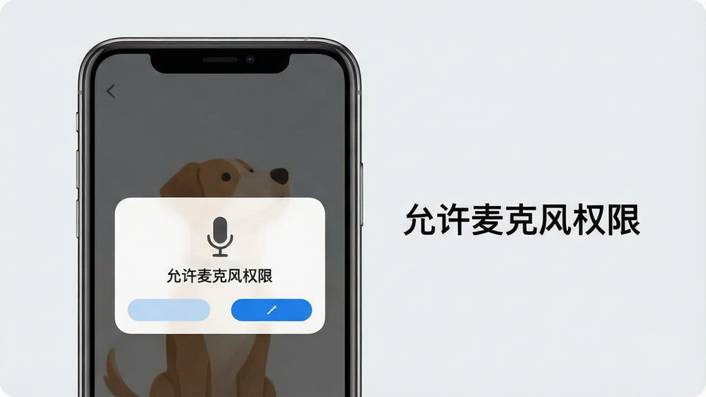 狗语翻译器使用指南示意图,手机屏幕显示麦克风权限请求弹窗,旁边有文字说明“允许麦克风权限”,背景为淡灰色,简洁明了,画质清晰,干净无多余元素