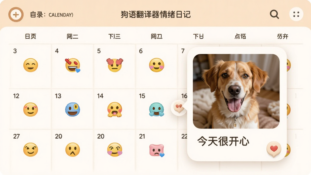 狗语翻译器情绪日记界面,日历视图上标注了不同颜色的表情符号,点击某天弹出详细记录,包含狗狗照片和文字描述“今天很开心”,整体设计温馨可爱,画质清晰,干净无多余元素