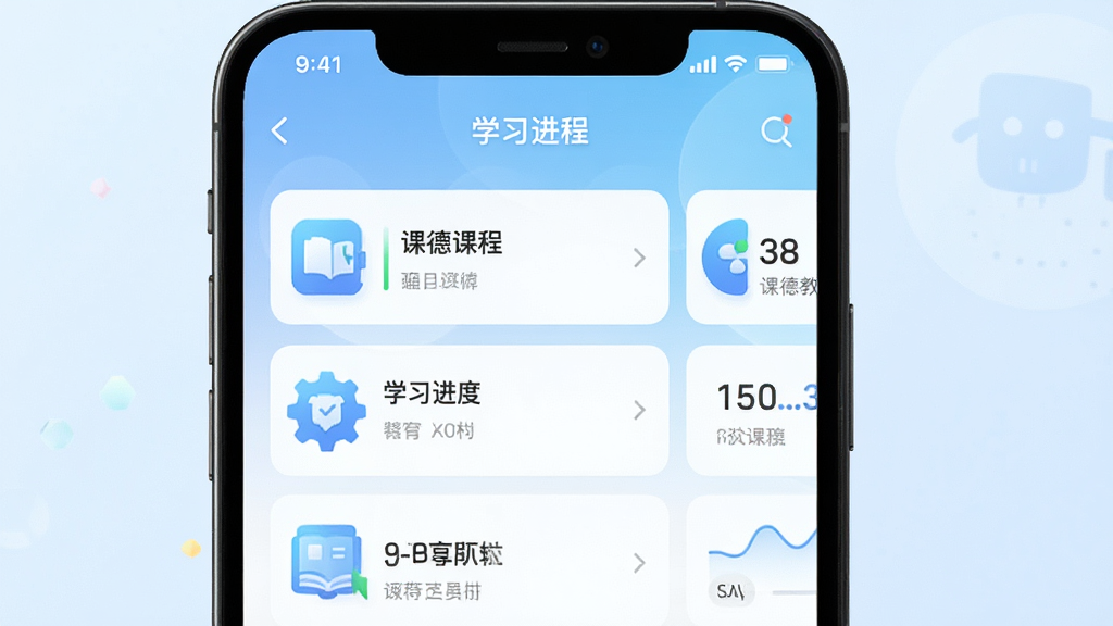 润德教育app主界面截图,展示课程列表与学习进度,背景为淡蓝色渐变,界面简洁现代,图标清晰,整体色调清新明快,画质高清,干净无多余元素