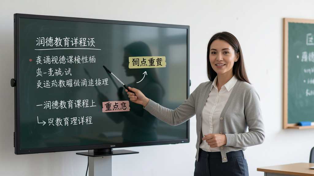 润德教育课程详情页,老师正在讲解知识点,屏幕上有板书与重点标注,界面布局合理,画质清晰,人物表情自然,背景为教室风格,干净整洁