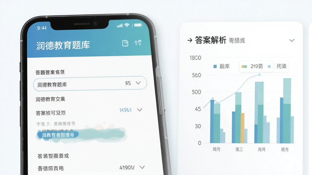 润德教育题库页面,显示答题界面与答案解析,手机屏幕占比大,旁边有统计图表,整体风格简洁,色彩搭配舒适,画质高清,无多余元素