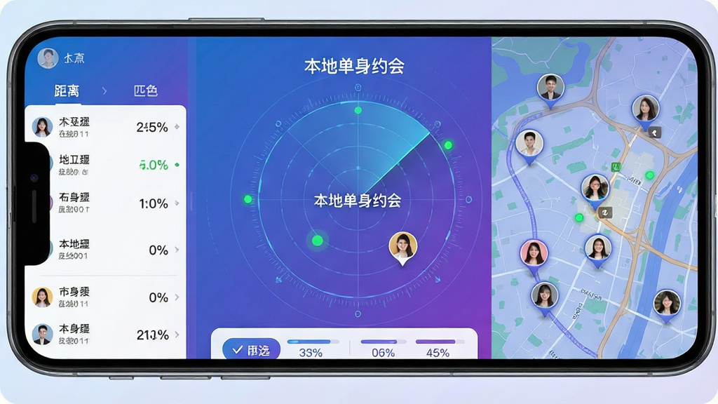 主体为一张手机应用界面截图,屏幕中央显示地图与多个用户头像标记,标注“本地单身约会”的雷达扫描动画。布局采用地图全屏展示,底部有筛选栏。排版清晰,左侧为距离列表,右侧为地图视图。风格科技感强,蓝紫渐变色调。细节包括雷达波纹、用户在线绿点、匹配度百分比,画质干净无多余元素。