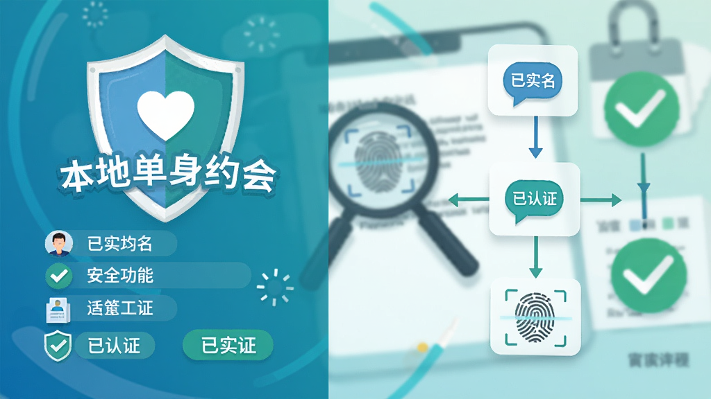 主体为盾牌图标与“本地单身约会”字样,背景是模糊的审核工作台,有放大镜、指纹扫描、绿色对勾等元素。布局采用左右分割,左侧为安全功能列表,右侧为审核流程示意。风格扁平化插画风,蓝绿色系。细节包括“已实名”、“已认证”标签,画质干净无多余元素。