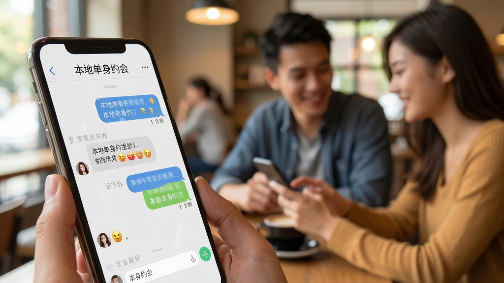 主体为手机屏幕显示“本地单身约会”的聊天界面,背景是模糊的咖啡馆,一对男女正在用手机交流。布局采用侧面视角,手机位于前景。风格自然写实,暖色调。细节包括屏幕上的气泡对话、表情符号,画质干净无多余元素。