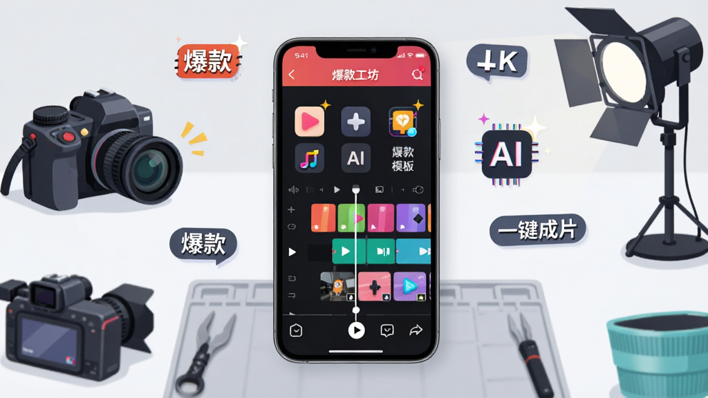 主体:一部智能手机屏幕显示“爆款工坊”APP主界面,界面充满短视频创作元素。布局:手机居中,屏幕内有视频剪辑轨道、特效图标、爆款模板缩略图,背景为浅灰色工作台,周围散落着摄像机、灯光等设备。排版:手机位于画面中央,APP界面清晰可见,四周留白。风格:现代科技感、扁平化插画风格、色彩明亮。细节:APP界面显示“爆款工坊”字样,视频轨道上有彩色片段,特效图标闪亮,背景有“爆款”“AI”“一键成片”等文字标签。画质:4K高清、细节丰富、干净无多余元素。