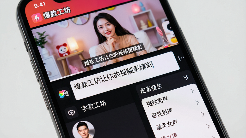主体:一部手机显示“爆款工坊”编辑界面,正在添加字幕和配音。布局:手机屏幕占据画面大部分,上方为视频预览,下方为字幕编辑区和配音音色选择列表。排版:界面布局清晰,功能图标排列整齐。风格:真实手机界面截图风格,色彩鲜艳。细节:屏幕上有“爆款工坊”Logo,字幕编辑框内输入“爆款工坊让你的视频更精彩”,配音音色列表展示多种音色名称,如“磁性男声”、“温柔女声”等。画质:高清、界面文字清晰可读、干净无多余元素。