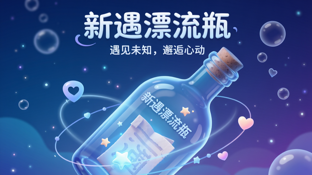 画面主体为新遇漂流瓶APP的3D概念宣传图,前景是一个晶莹剔透、散发着柔和蓝光的玻璃漂流瓶,瓶身刻有“新遇漂流瓶”字样,瓶内装有发光的小纸条和星星。背景是渐变的深海蓝与紫色夜空,点缀着漂浮的泡泡和微光粒子。整体布局居中,瓶身占据视觉中心,周围环绕着抽象的社交连接线条和心形光点。排版上,标题“新遇漂流瓶”采用圆润的艺术字体,置于画面顶部中央,下方配以“遇见未知,邂逅心动”的标语。风格为现代扁平与3D渲染结合,色彩以蓝色、紫色和白色为主,营造神秘、浪漫、充满希望的氛围。细节丰富,瓶身纹理清晰,光线反射自然,画质高清,干净无多余元素。