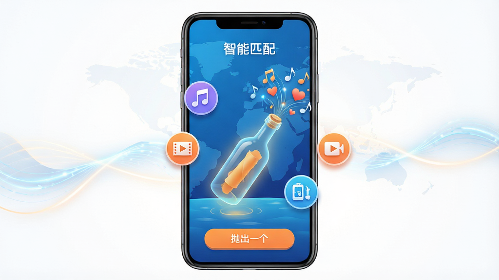 图片展示新遇漂流瓶APP的“漂流瓶匹配”功能界面截图。主体是手机屏幕的居中展示,屏幕内显示一个正在被抛向海面的发光漂流瓶,瓶口飘出带有音符和爱心符号的数据流,周围环绕着几个代表不同用户兴趣的圆形图标(如音乐、电影、旅行)。背景是抽象的数字海洋地图,有波浪形的光线轨迹。布局为手机竖屏居中,四周留白。排版上,界面顶部有“智能匹配”字样,底部有“抛出一个”按钮。风格为UI设计图风格,色彩明亮,以蓝色和橙色为主,突出科技感与社交温度。细节包括数据流动画效果、图标阴影,画质干净,无多余元素。