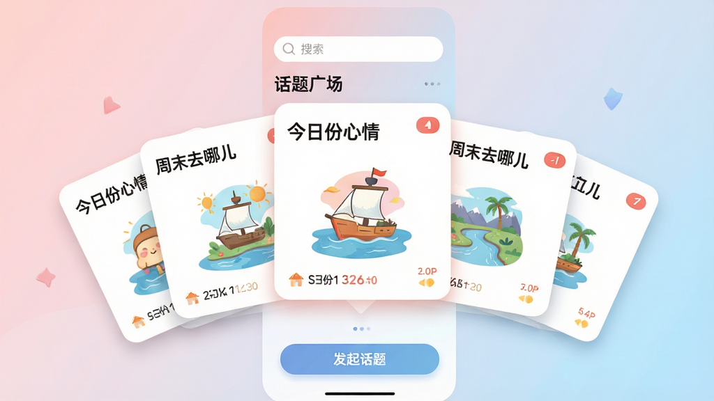 展示新遇漂流瓶APP的“话题广场”界面。主体是一个横向滚动的卡片列表,每张卡片上有一个话题名称(如“今日份心情”、“周末去哪儿”)和一个对应的插画图标。背景是柔和的渐变色,从浅粉色到浅蓝色。布局为手机界面居中,卡片呈扇形排列,突出中间一张。排版上,顶部有搜索框,底部有“发起话题”按钮。风格为清新插画风与UI结合,色彩温馨,细节包括卡片圆角、阴影和话题热度数字,画质干净,无多余元素。