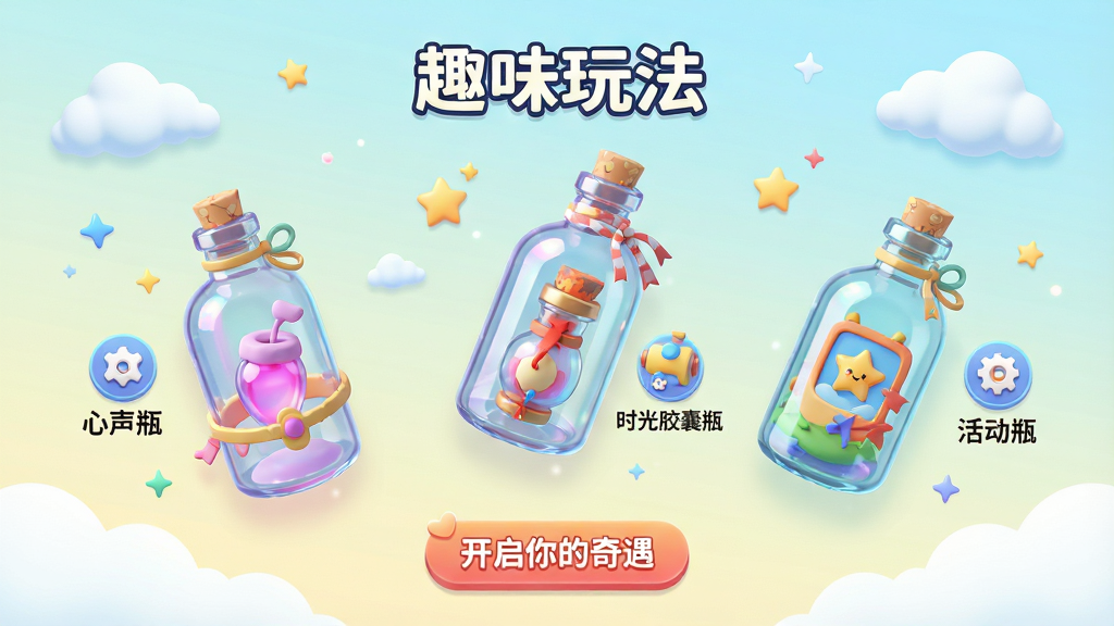 展示新遇漂流瓶APP的“趣味玩法”集合页面。主体是三个悬浮的3D瓶子,分别代表“心声瓶”、“时光胶囊瓶”和“活动瓶”,每个瓶子旁边有对应的功能图标和文字说明。背景是浅色渐变,有漂浮的云朵和星星。布局为三个瓶子等距排列,中间略高。排版上,顶部有“趣味玩法”标题,底部有“开启你的奇遇”按钮。风格为活泼可爱的3D卡通风格,色彩明亮,细节包括瓶子上的反光、装饰元素,画质干净,无多余元素。
