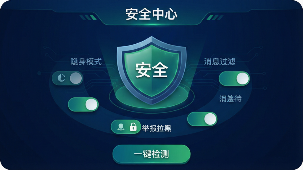 展示新遇漂流瓶APP的“隐私保护”界面。主体是一个盾牌图标,盾牌中心有“安全”字样,周围环绕着几个开关选项图标(如“隐身模式”、“消息过滤”、“举报拉黑”)。背景是深蓝色科技感纹理,有微弱的电路板线条。布局为盾牌居中,选项图标在下方排列成弧形。排版上,顶部有“安全中心”标题,底部有“一键检测”按钮。风格为科技安全风,色彩以深蓝和绿色为主,细节包括光效和图标阴影,画质干净,无多余元素。
