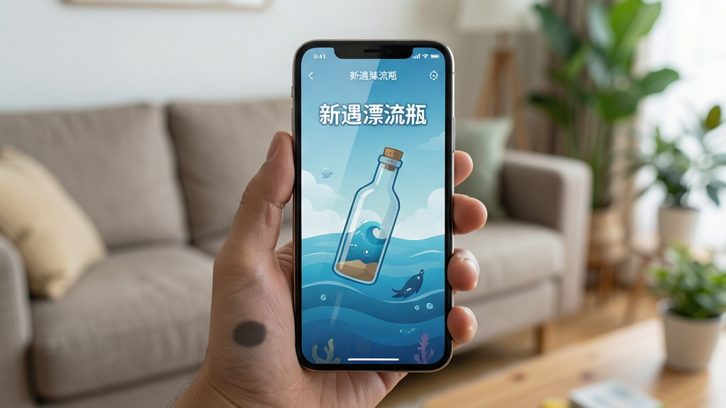 展示新遇漂流瓶APP在手机上的安装与使用场景。主体是一只手拿着手机,屏幕上是新遇漂流瓶的主界面,背景是模糊的客厅环境,有沙发和绿植。布局为手机居中,手部自然握持。排版上,屏幕内显示“新遇漂流瓶”的海洋主界面。风格为写实生活风格,色彩自然,细节包括屏幕反光、手指阴影,画质干净,无多余元素。