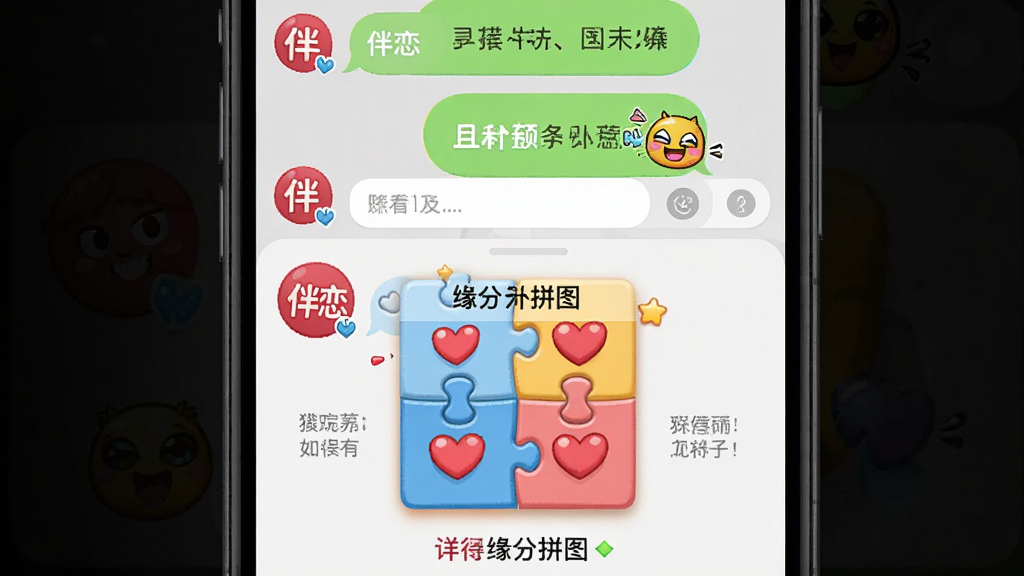 主体为手机聊天界面,屏幕上出现一个“缘分拼图”游戏卡片。布局为上下结构,上方是聊天背景,下方是游戏互动区域。排版上对话框气泡圆润,有“伴恋”标识。风格为可爱活泼风,色彩鲜艳,带动态表情。细节上拼图块有爱心图案,界面有提示引导。画质清晰,干净,无多余元素。