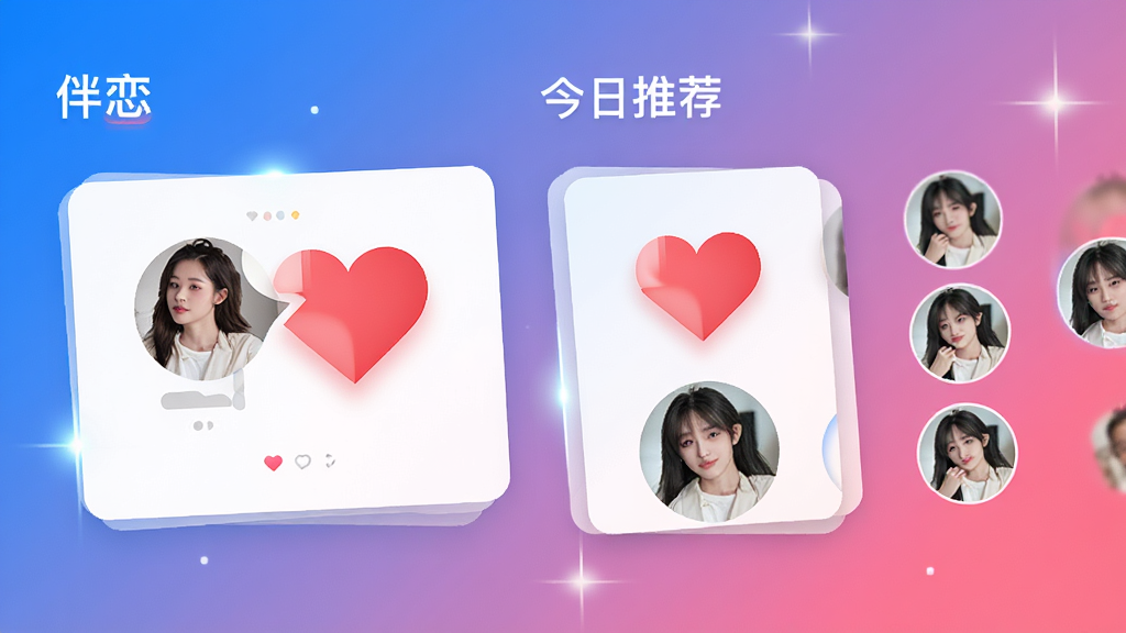 主体为手机APP界面展示,屏幕上有两个半心形图标拼接成一颗完整红心。布局为左中右结构,左侧是用户个人资料卡片,右侧是一排相似的用户头像。排版上界面清爽,有“伴恋”和“今日推荐”字样。风格为时尚科技感,蓝色与粉色渐变背景,带少量光效。细节上头像清晰,推荐卡片有滑动动画效果。画质极佳,干净,无多余元素。