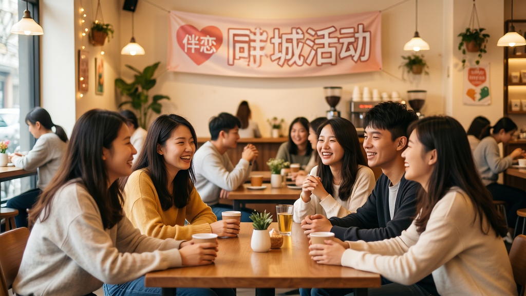 主体为一场热闹的线下聚会场景,有多个年轻男女围坐在一起聊天。布局为全景构图,背景是装饰温馨的咖啡馆。排版上画面中每个人物表情清晰,有“伴恋”和“同城活动”字样的横幅。风格为写实摄影风,色调温暖明亮。细节上人物笑容自然,有互动感。画质高清,干净,无多余元素。