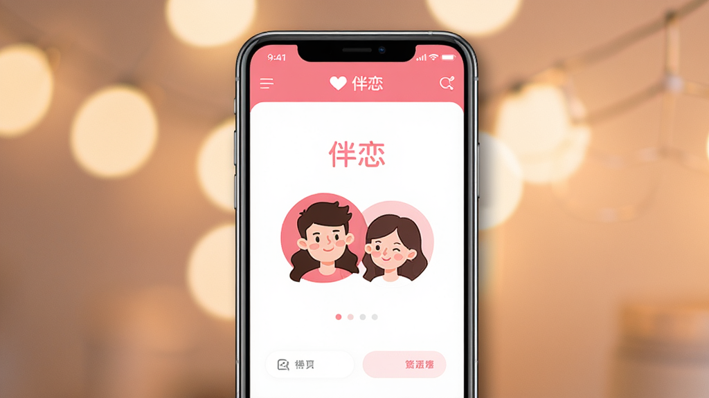 主体为一部亮着屏幕的智能手机,屏幕内显示“伴恋”APP的界面,界面风格简洁温馨,主色调为粉色与白色,有两位卡通情侣头像在界面中央。布局为手机居中,背景是模糊的暖色系光斑。排版上手机屏幕内容清晰可见,整体画面干净。风格为现代扁平化插画风,色彩柔和明亮。细节上手机边缘有细微阴影,屏幕上有“伴恋”字样和爱心图标。画质高清,干净,无多余元素。