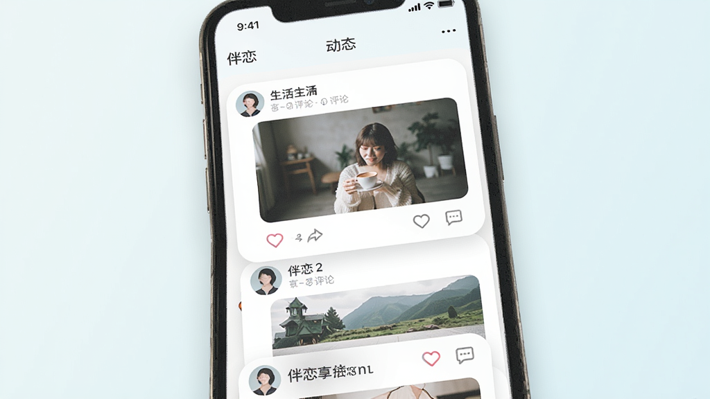 主体为手机APP的“动态”页面,屏幕上展示了几张带图片的生活动态。布局为列表式,头像是圆形,动态卡片为圆角矩形。排版上瀑布流布局,有“伴恋”字样。风格为清新文艺风,浅色调背景。细节上动态图片内容清晰,有爱心和评论图标。画质优良,干净,无多余元素。